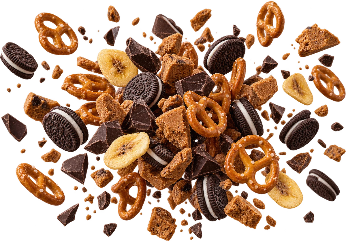 Accidentally Vegan: Mini Pretzel Twists, Mini Oreo, Biscoff Crumble, Dark Choc Chunks, Banana Chips