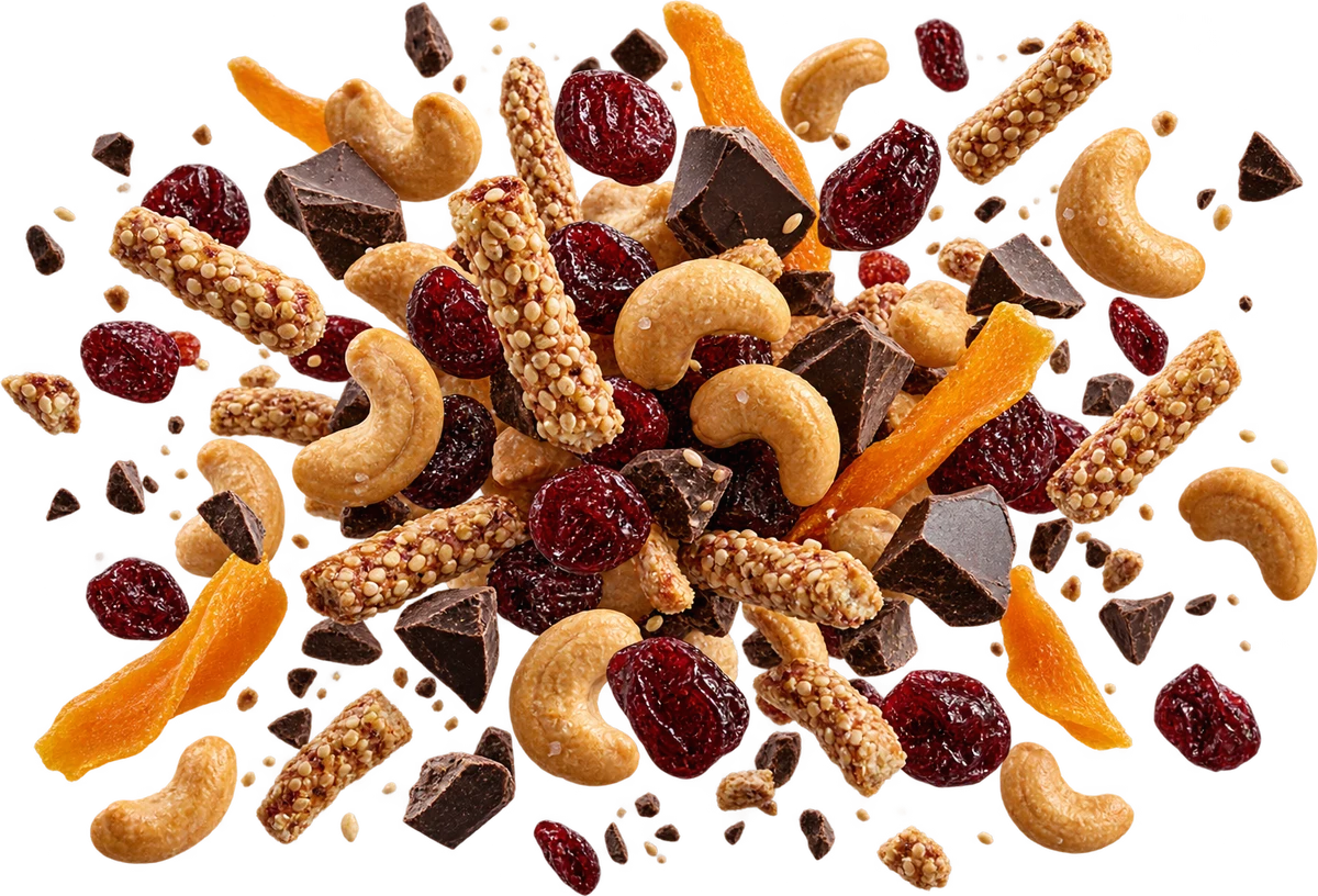 Airplane Mode: Roasted Cashews, Tart Dried Cherries, Sesame Sticks, Dark Choc Chunks, Dried Mango Strips