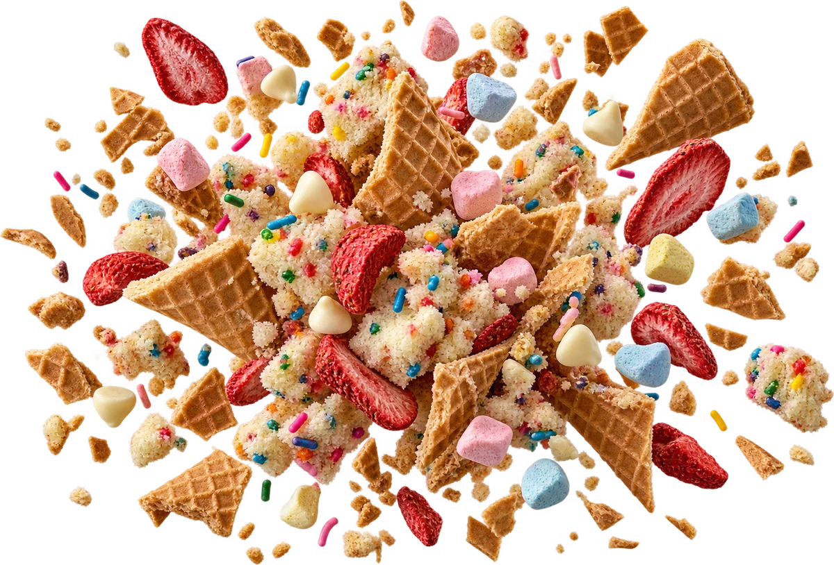 Birthday Bag: Waffle Cone Pieces, Birthday Cake Crumble, Mini Marshmallows, FD Strawberries, White Choc Chips