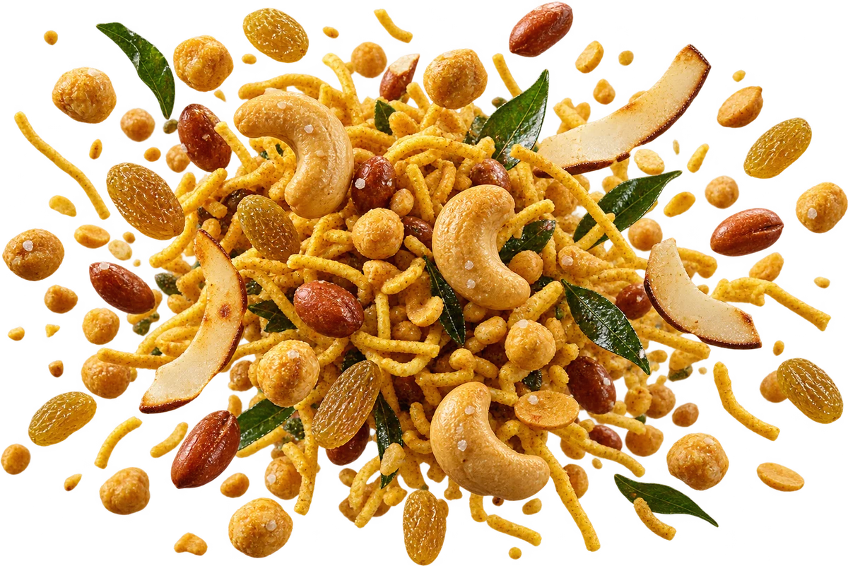 Bombay Bodega: Chevda, Roasted Cashews, Sea Salt Chickpeas, Golden Raisins, Toasted Coconut Chips
