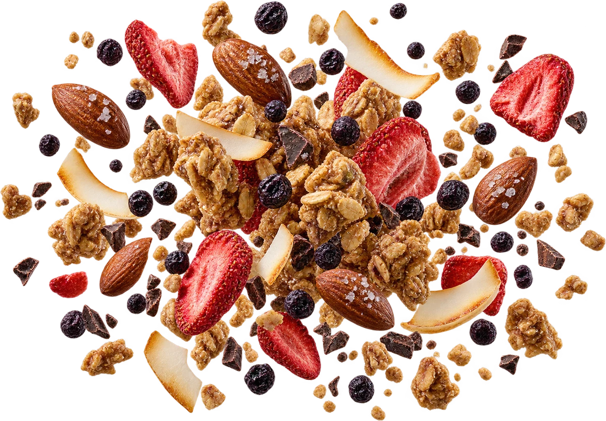Bowl Goals: Honey Oat Clusters, FD Strawberries, Dried Wild Blueberries, Sea Salt Almonds, Toasted Coconut Chips, Raw Cacao Nibs