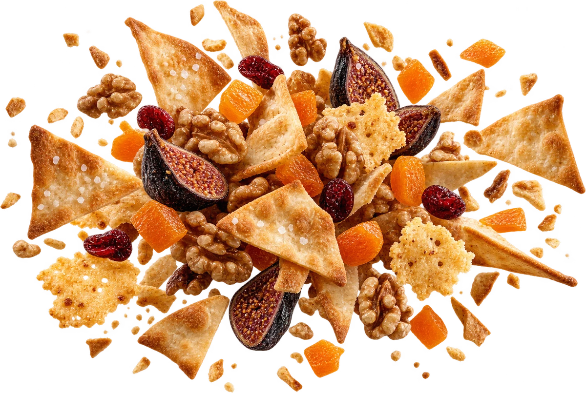 Brunch Board: Sea Salt Pita Chips, Toasted Walnut Halves, Mission Fig Bites, Apricots, Parmesan Crisps, Dried Cranberries