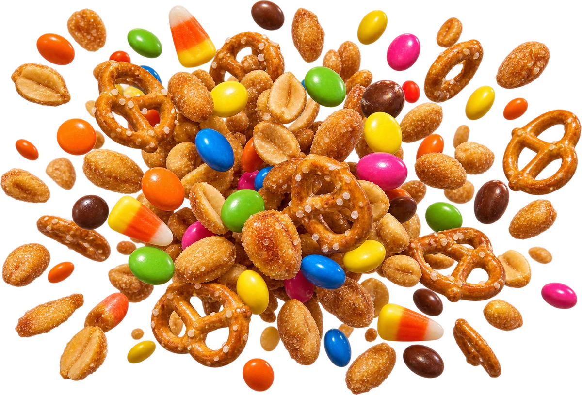 Candy Corn Truther: Honey Roasted Peanuts, Mini Pretzel Twists, Choc Gems, Candy Corn, Reese's Pieces