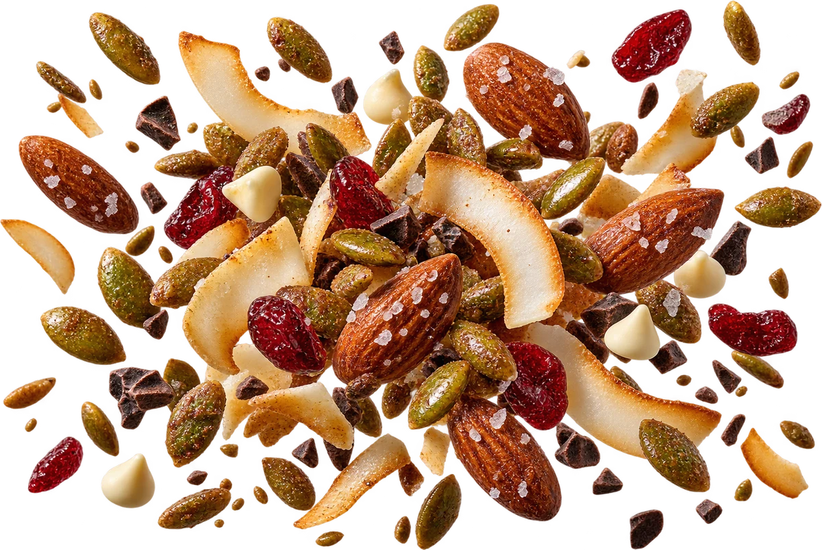 Chai Latte Girlie: Chai Spiced Pepitas, Sea Salt Almonds, Toasted Coconut Chips, Dried Cranberries, White Choc Chips, Raw Cacao Nibs
