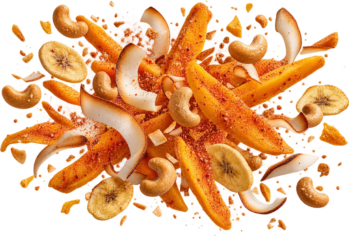Chamoy Summer: Chili Lime Mango, Dried Mango Strips, Toasted Coconut Chips, Roasted Cashews, Banana Chips