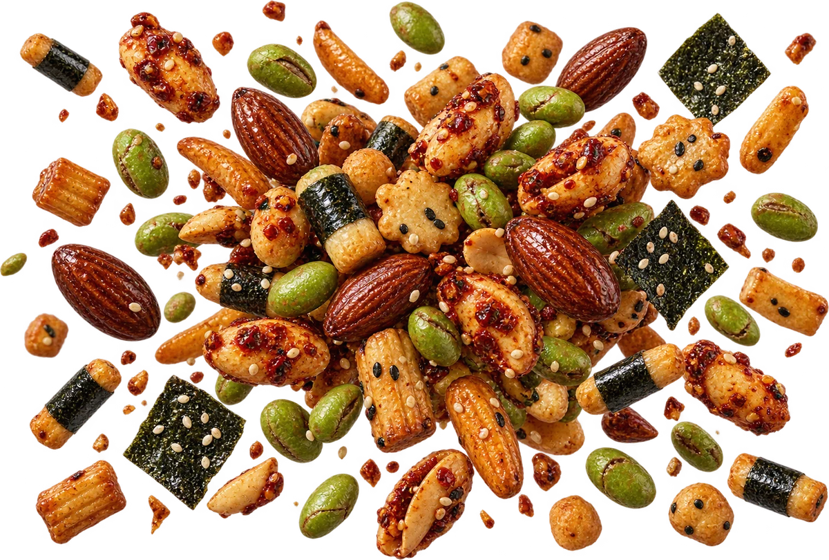 Chili Crisp Gains: Chili Crisp Peanuts, Roasted Edamame, Tamari Almonds, Arare Mix, Sesame Nori Crisps