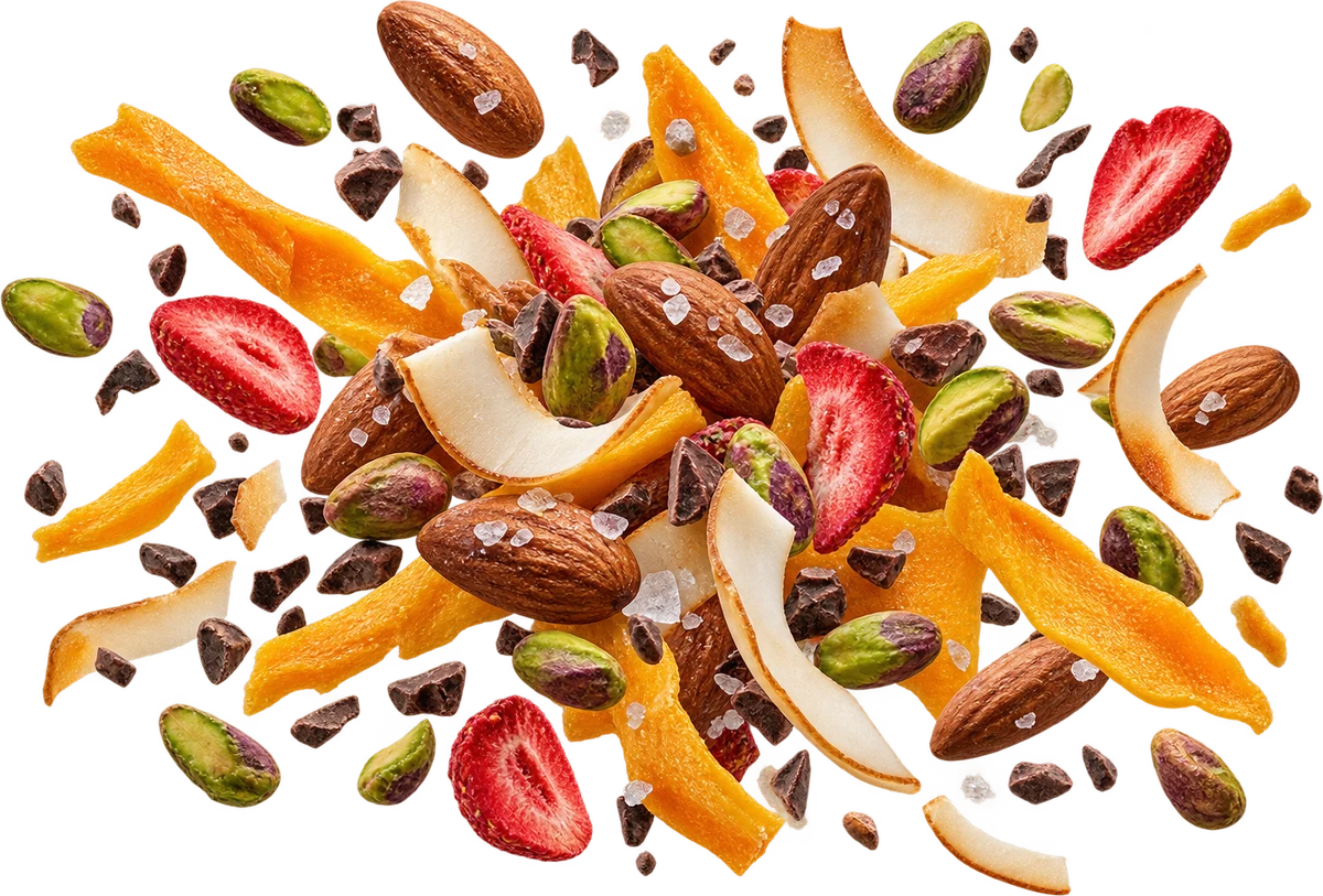 Clean Girl: Sea Salt Almonds, Shelled Pistachios, Dried Mango Strips, Toasted Coconut Chips, FD Strawberries, Raw Cacao Nibs