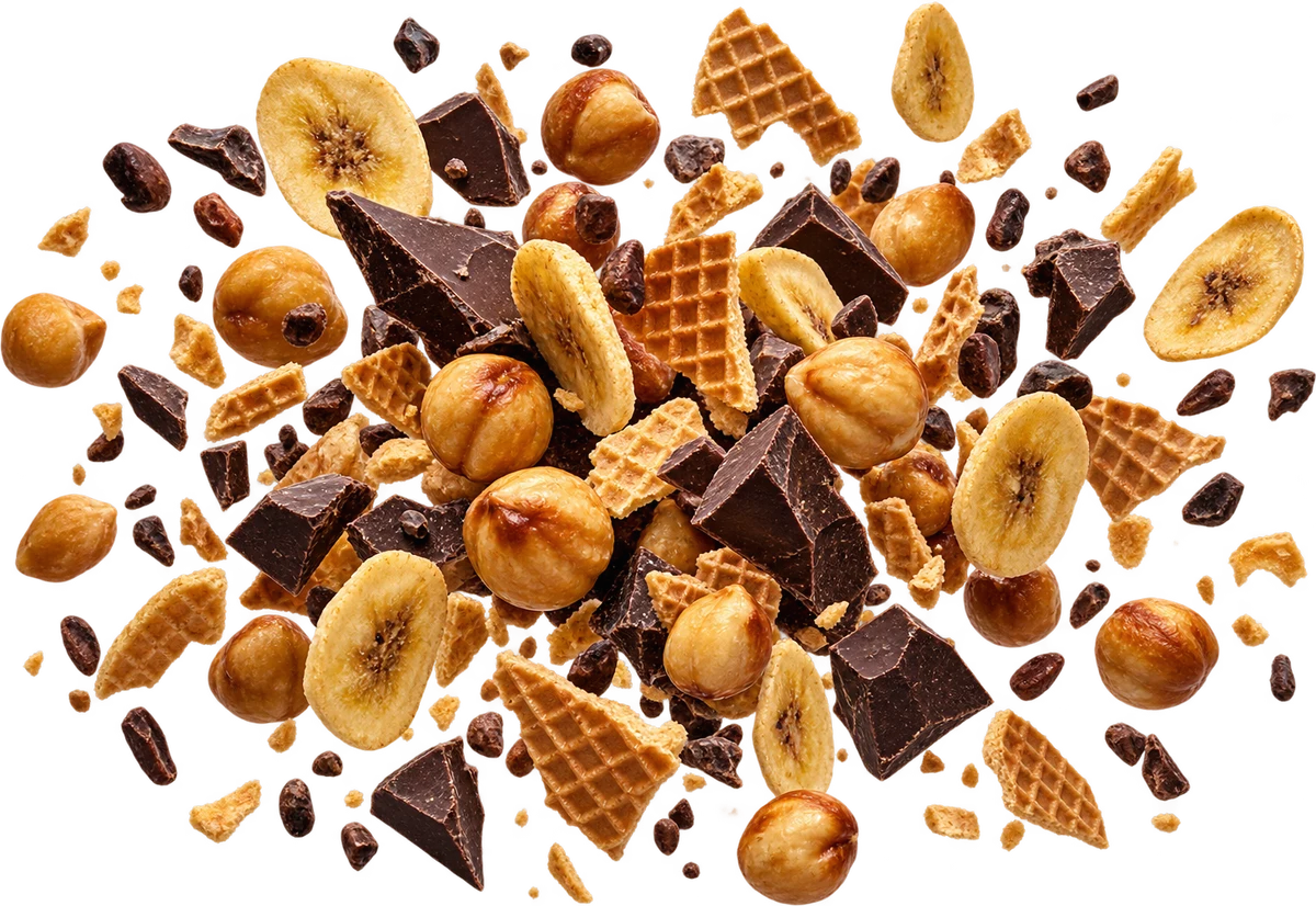 Coffee Shop Order: Roasted Hazelnuts, Dark Choc Chunks, Waffle Cone Pieces, Banana Chips, Raw Cacao Nibs