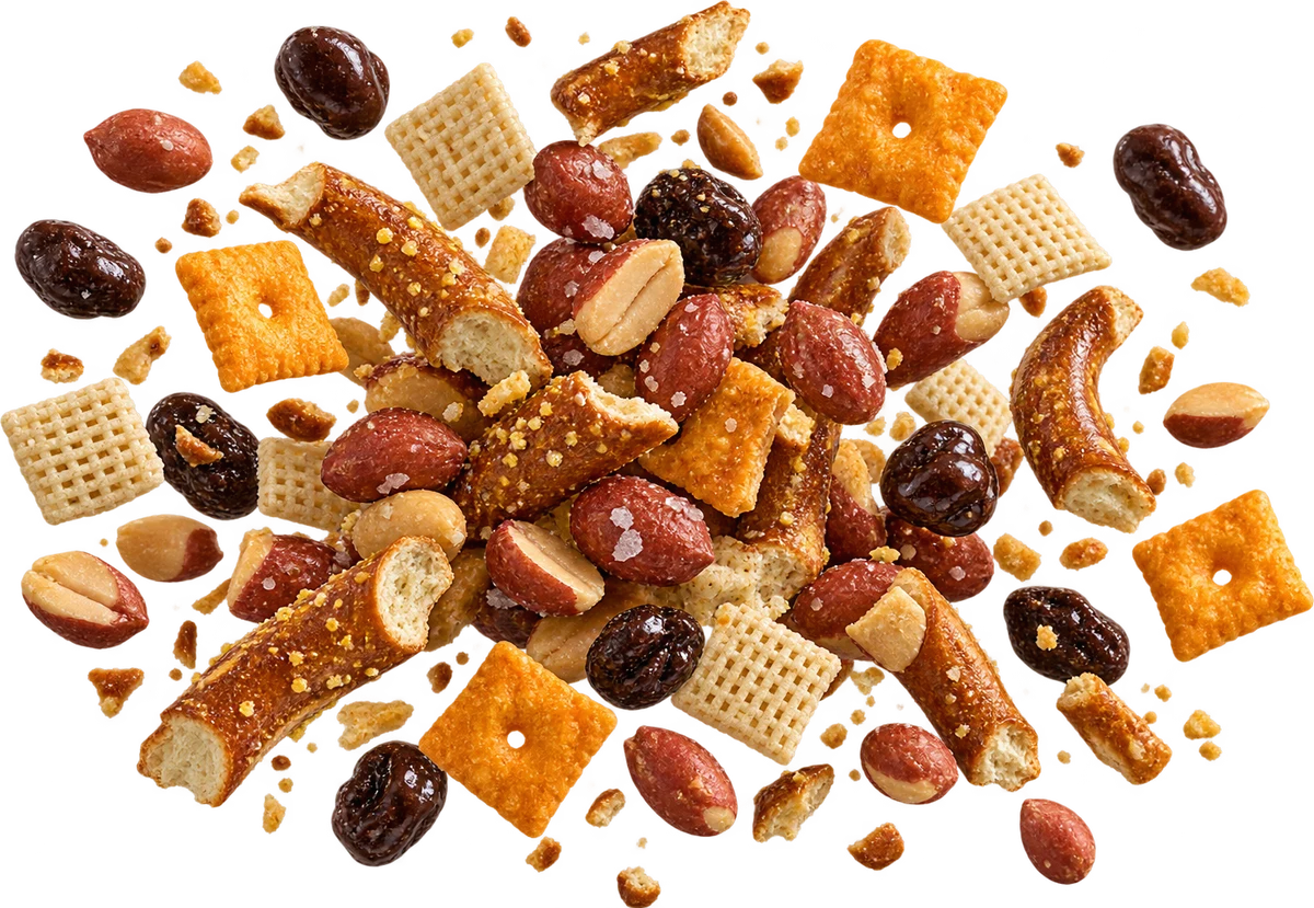 Cram Session: Salted Redskin Peanuts, Honey Mustard Pretzels, Cheez-It, Dark Choc Raisins, Rice Chex