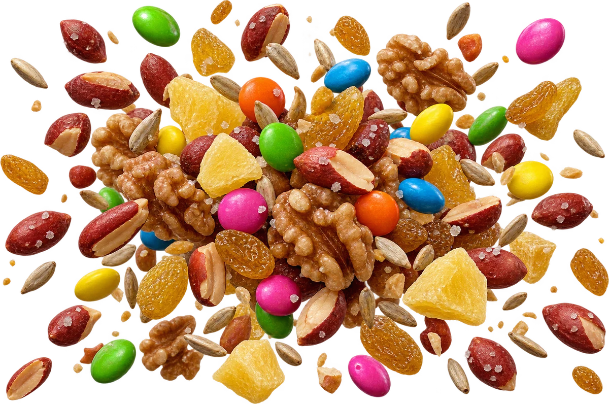 Dad's Trail Mix: Salted Redskin Peanuts, Toasted Walnut Halves, Choc Gems, Golden Raisins, Dried Pineapple Chunks, Toasted Sunflower Seeds