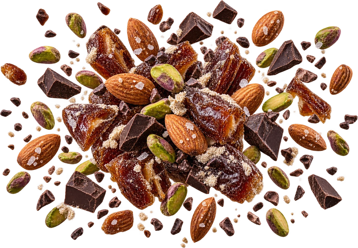 Date Night: Medjool Date Chunks, Shelled Pistachios, Sea Salt Almonds, Dark Choc Chunks, Raw Cacao Nibs