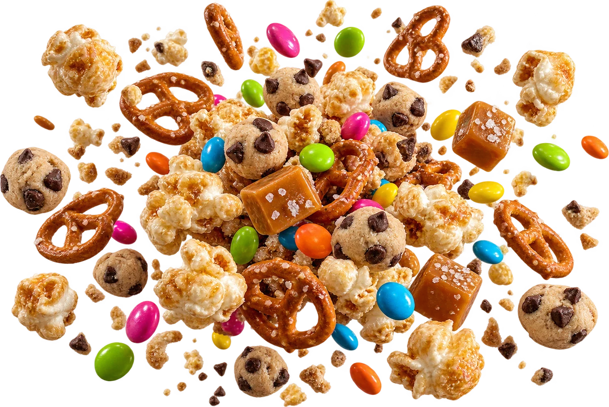 Dessert Mode: Kettle Corn, Mini Pretzel Twists, Cookie Dough Bites, Choc Gems, Caramel Bits