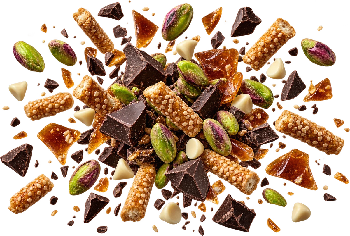 Dubai Choc Dupe: Shelled Pistachios, Dark Choc Chunks, Sesame Sticks, Butter Toffee Bits, White Choc Chips