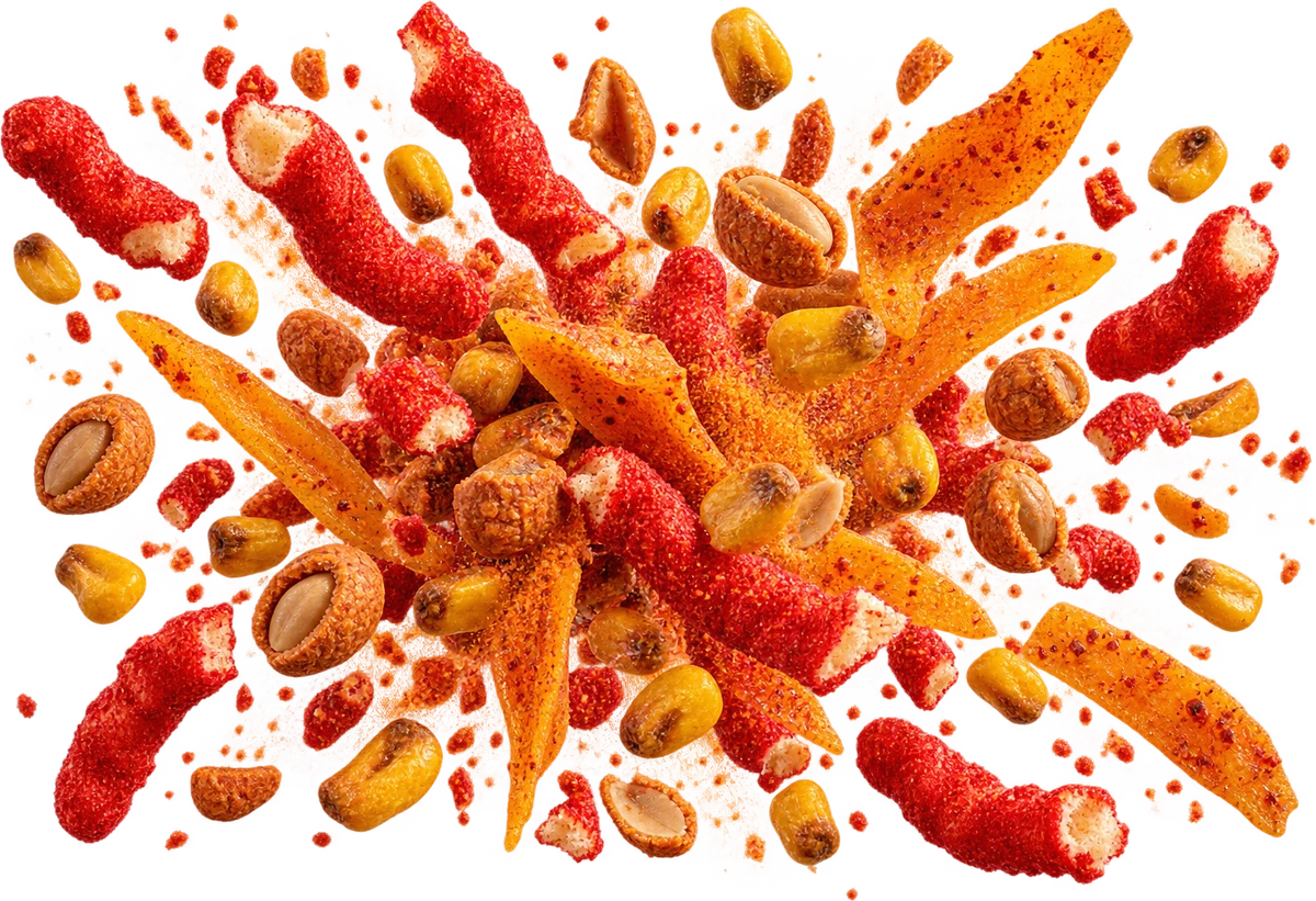 Flamin' Hot Everything: Hot Cheetos, Cacahuates, Toasted Corn Nuts, Chili Lime Mango