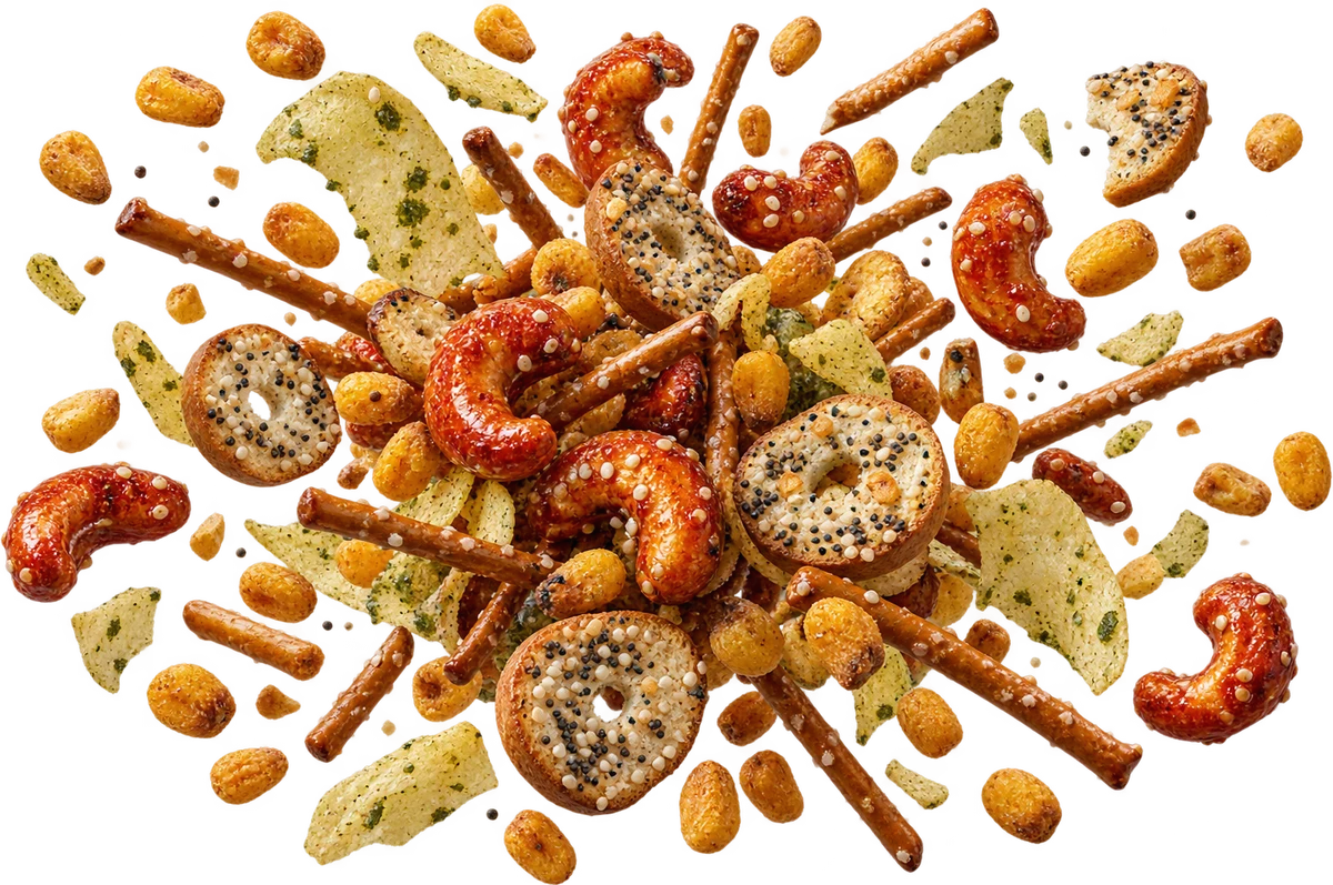 Game Day: Toasted Corn Nuts, Sriracha Cashews, Everything Bagel Chips, Jalapeño Kettle Crumble, Pretzel Sticks