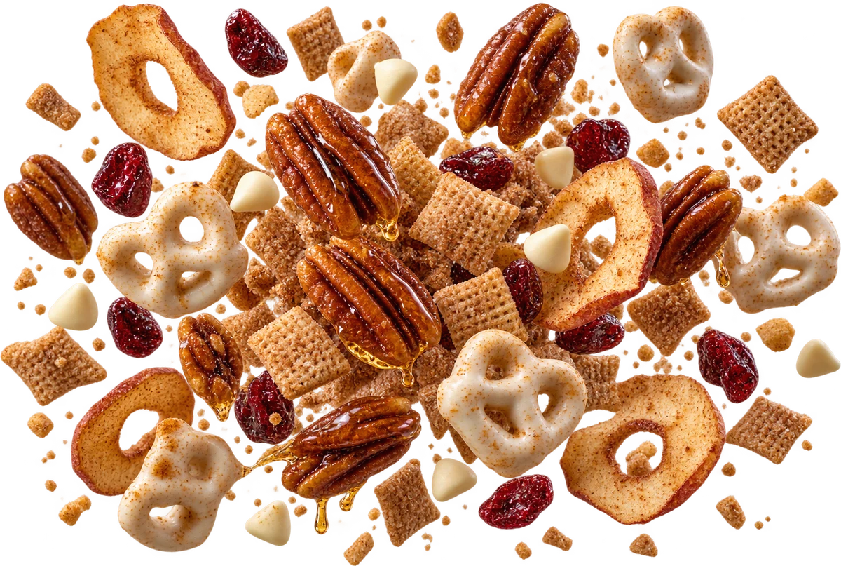 George's Fall Flip: Maple Bourbon Pecans, PSL Pretzels, Cinna Squares, Cinnamon Apple Chips, White Choc Chips, Dried Cranberries