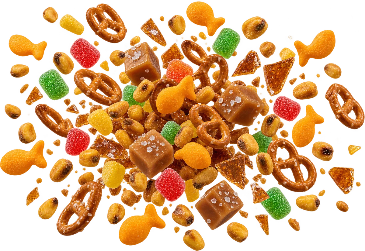 Group Project: Goldfish Crackers, Mini Pretzel Twists, Sour Patch Kids Minis, Toasted Corn Nuts, Butter Toffee Bits, Caramel Bits