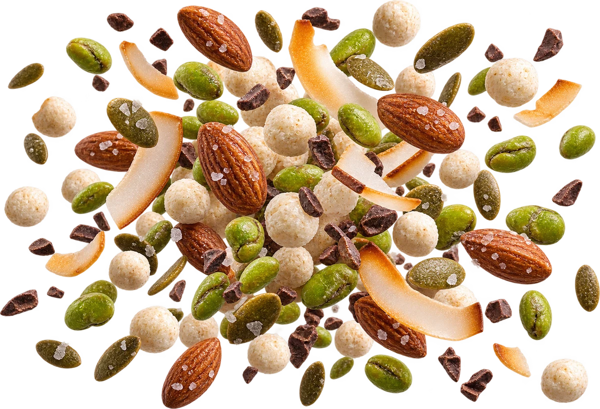 Gym Arc: Vanilla Protein Puffs, Sea Salt Almonds, Roasted Edamame, Toasted Coconut Chips, Salted Pepitas, Raw Cacao Nibs