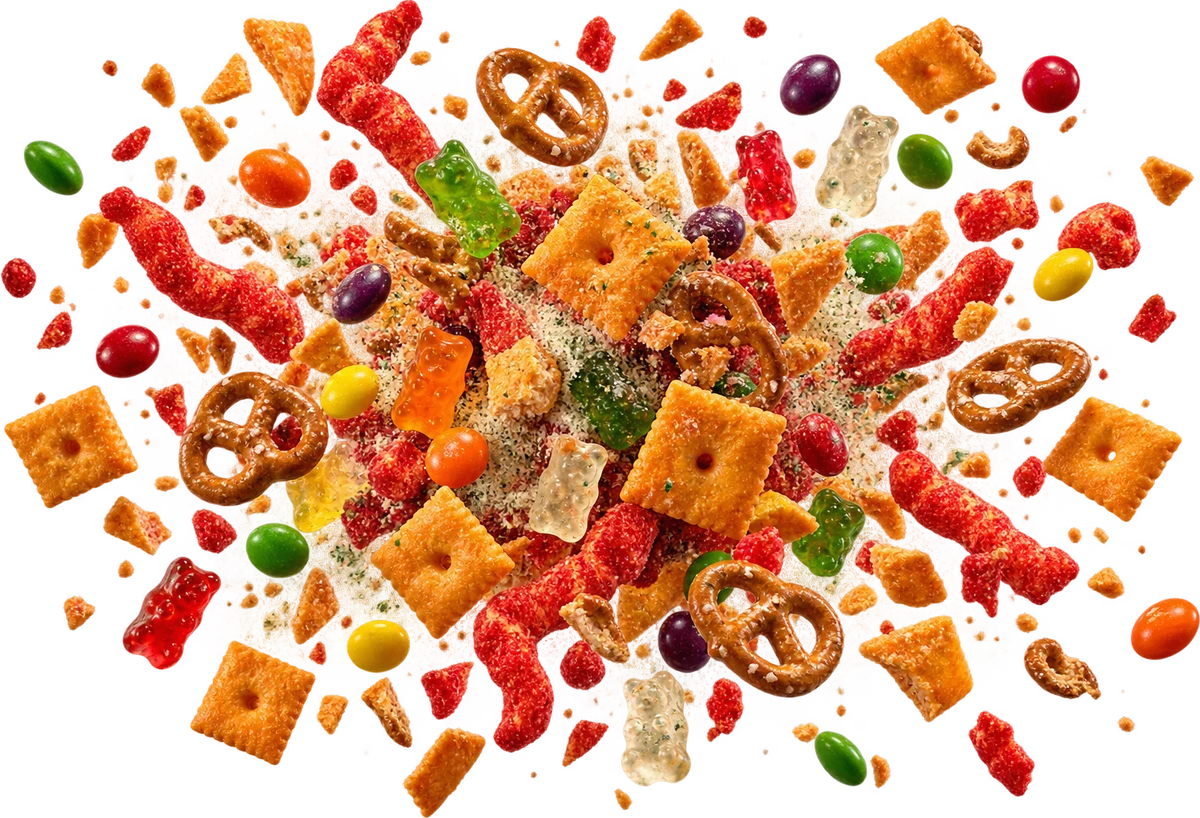 Junk Drawer: Cheez-It, Hot Cheetos, Skittles, Goldbears, Mini Pretzel Twists