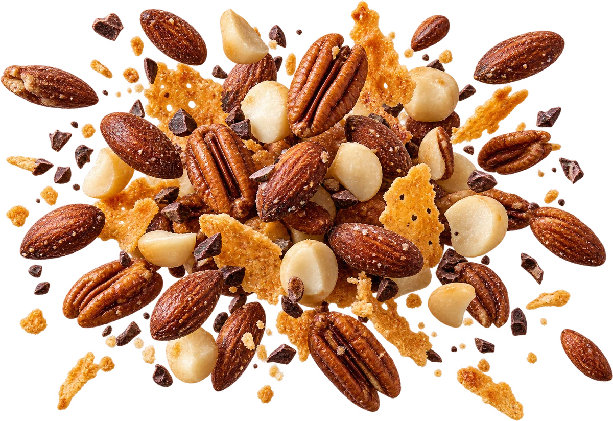 Keto Bar Cart: Hickory Smoked Almonds, Roasted Pecan Halves, Macadamia Halves, Parmesan Crisps, Raw Cacao Nibs