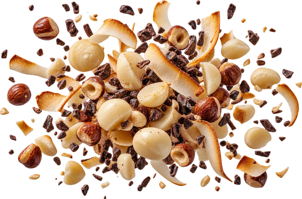Low Carb, High Drama: Macadamia Halves, Toasted Coconut Chips, Roasted Hazelnuts, Raw Cacao Nibs