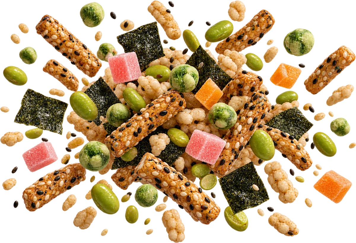 Konbini Run: Sesame Sticks, Wasabi Peas, Sesame Nori Crisps, Roasted Edamame, Brown Rice Crisps, Hi-Chew Bits