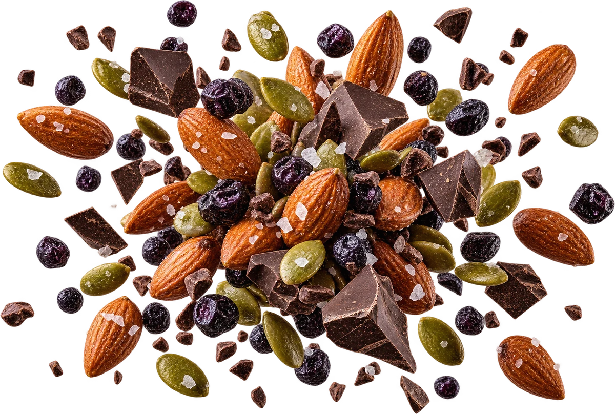 Lock In: Sea Salt Almonds, Dried Wild Blueberries, Dark Choc Chunks, Salted Pepitas, Raw Cacao Nibs