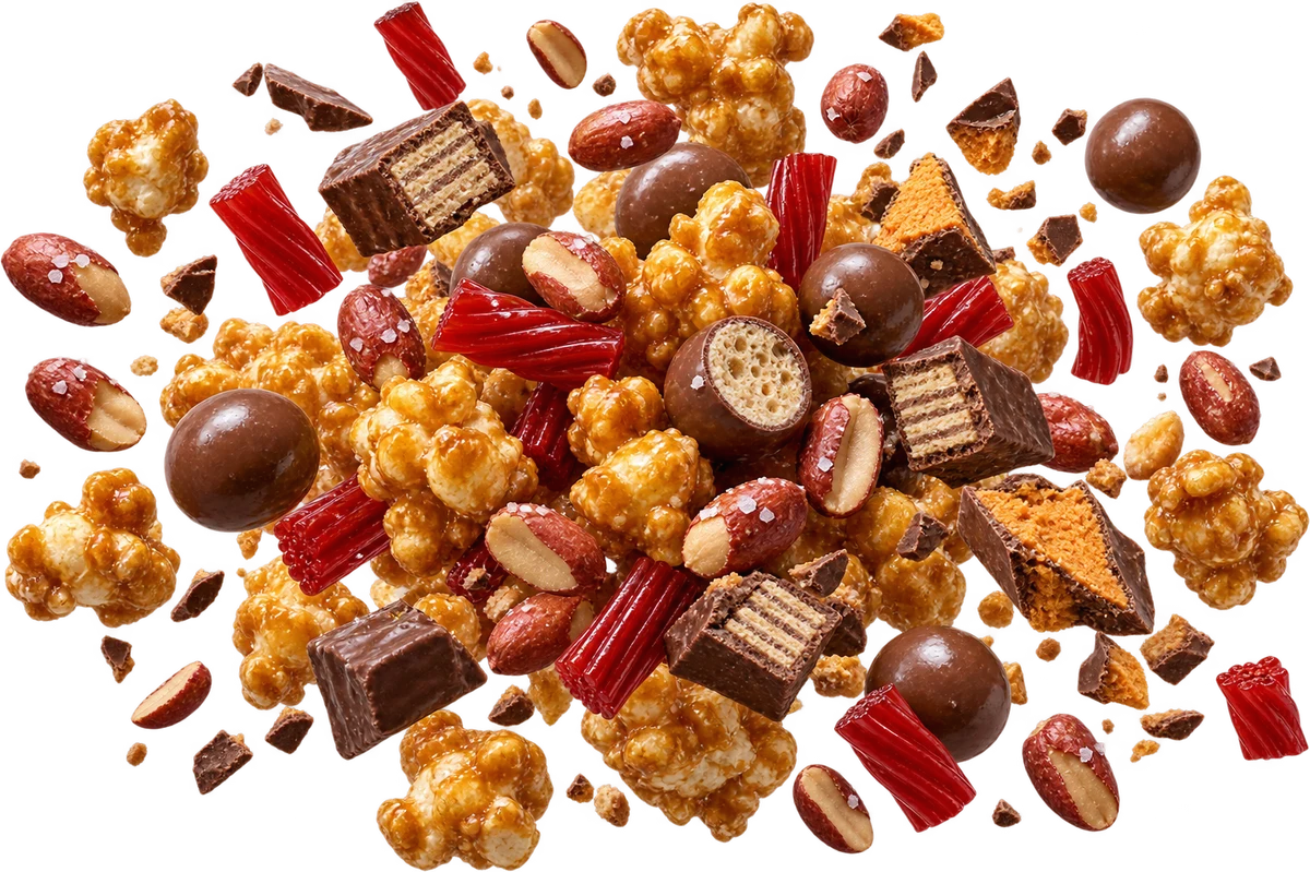 Movie Theater Floor: Caramel Corn, Salted Redskin Peanuts, Whoppers, Twizzlers Nibs, Kit Kat Minis, Butterfinger Bits