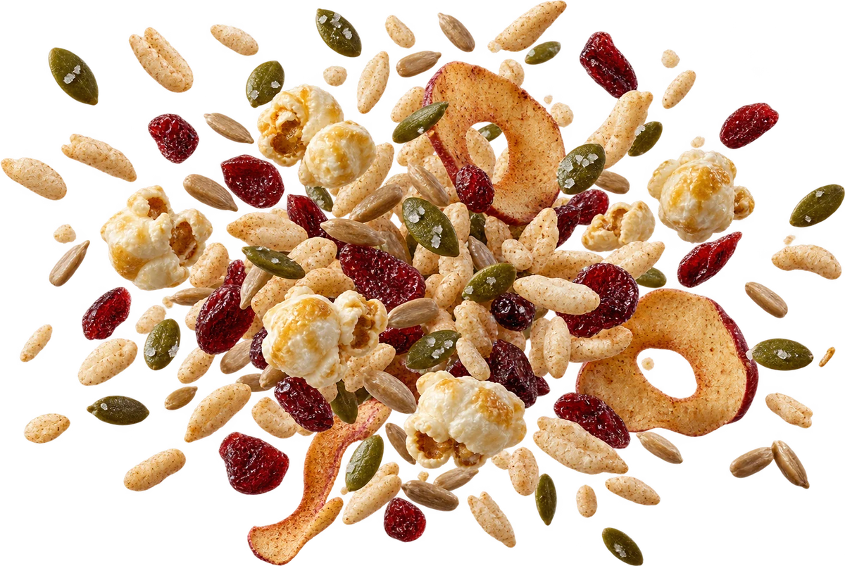 Nut-Free Nation: Brown Rice Crisps, Toasted Sunflower Seeds, Salted Pepitas, Dried Cranberries, Kettle Corn, Cinnamon Apple Chips