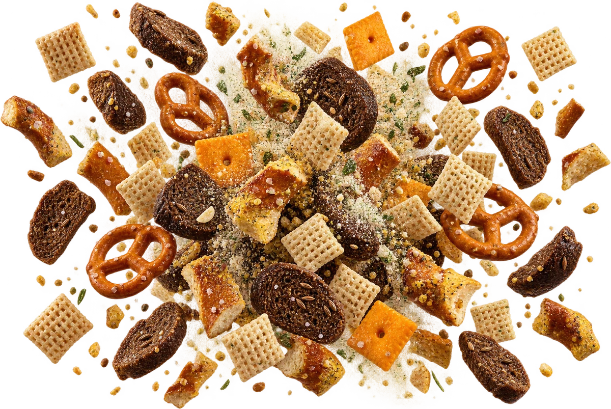 Party Mix, Fixed: Rye Chips, Rice Chex, Mini Pretzel Twists, Honey Mustard Pretzels, Cheez-It