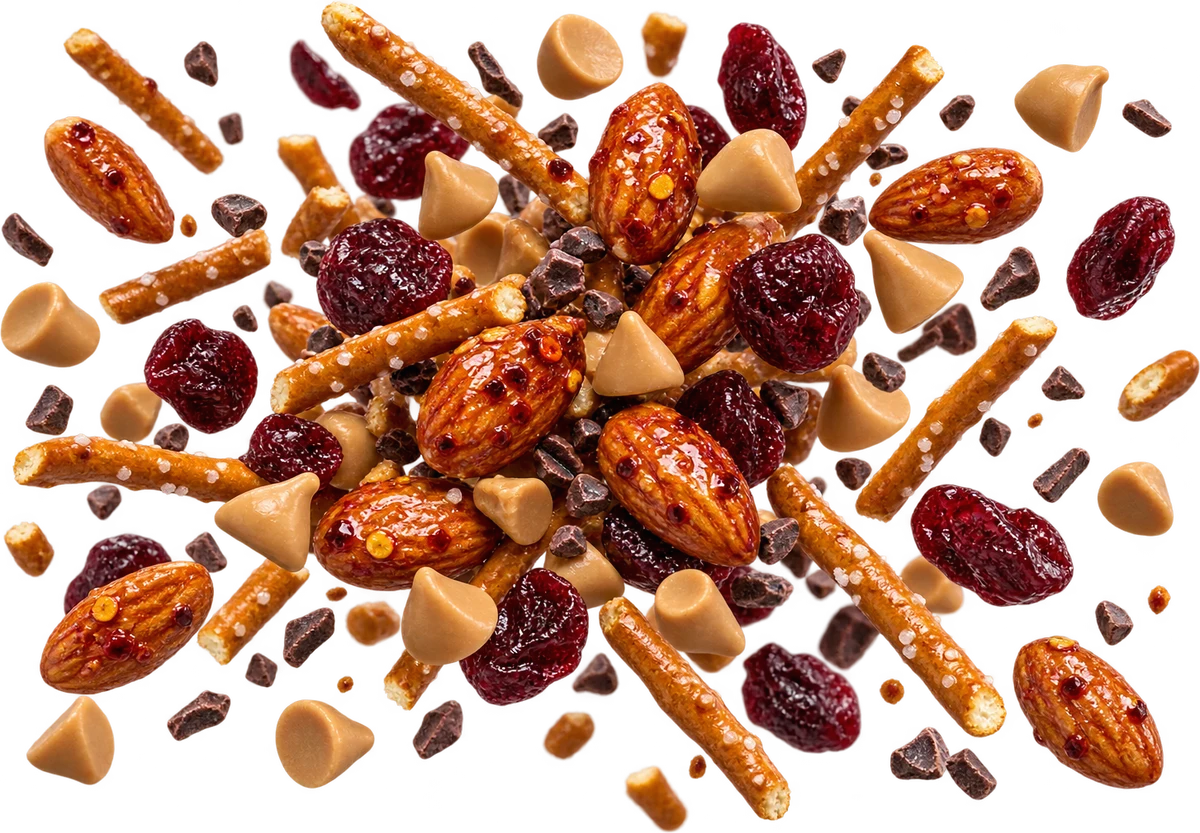 PB × Hot Honey: PB Chips, Hot Honey Almonds, Tart Dried Cherries, Pretzel Sticks, Raw Cacao Nibs