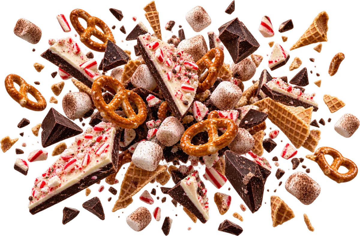 Peppermint Mocha: Peppermint Bark Shards, Mini Pretzel Twists, Hot Cocoa Mallows, Dark Choc Chunks, Waffle Cone Pieces