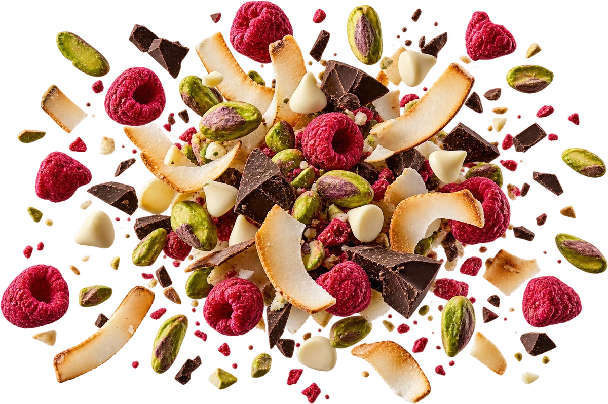 Pilates Princess: Shelled Pistachios, FD Raspberries, Toasted Coconut Chips, White Choc Chips, Dark Choc Chunks
