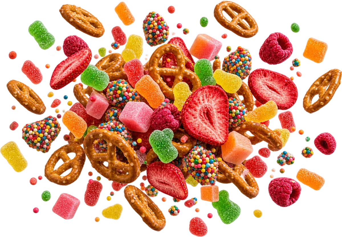Pucker Up: Mini Pretzel Twists, Sour Patch Kids Minis, Nerds Gummy Clusters, FD Strawberries, FD Raspberries, Hi-Chew Bits