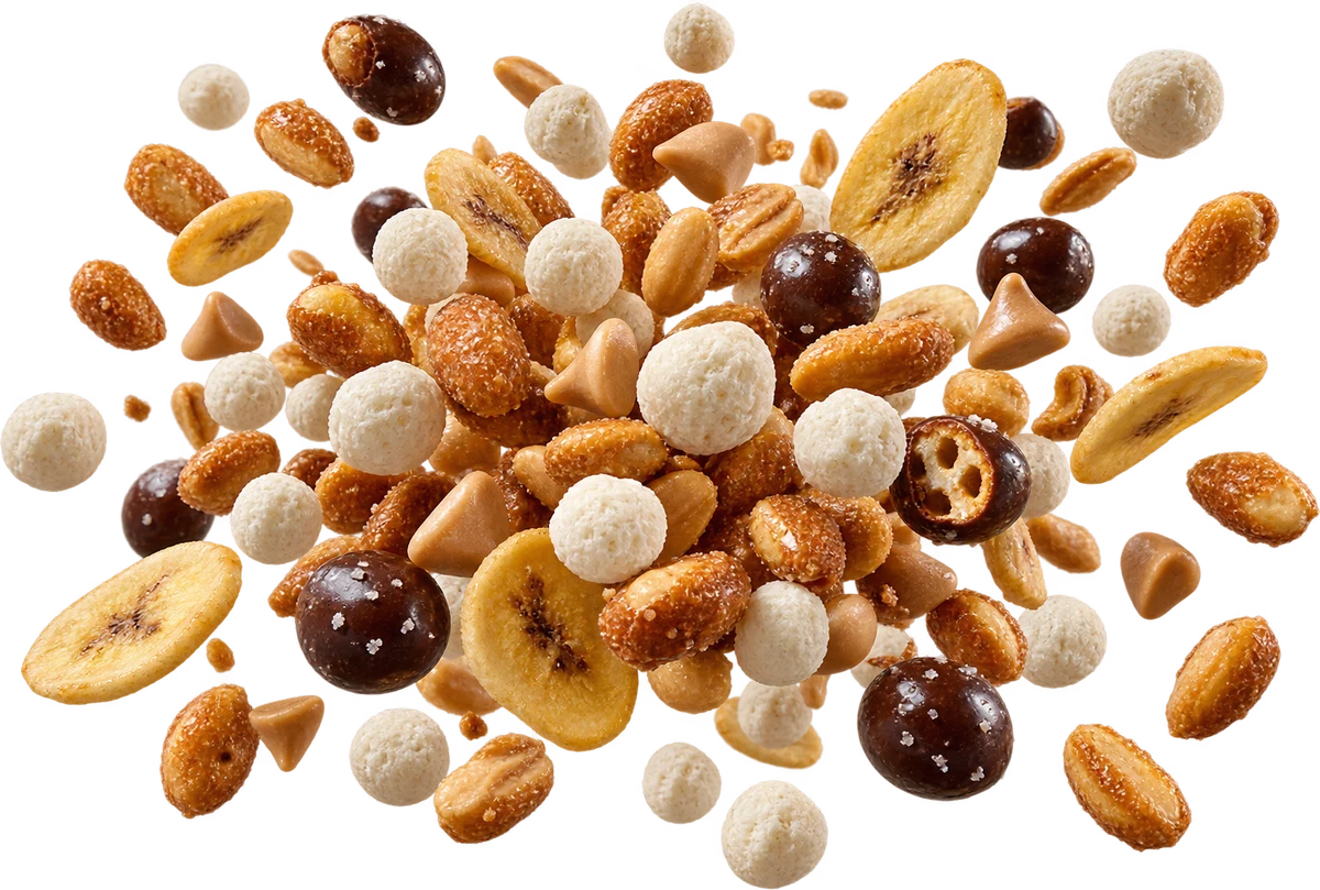Pump Cover: Vanilla Protein Puffs, Honey Roasted Peanuts, PB Chips, Banana Chips, Dark Choc Pretzel Balls