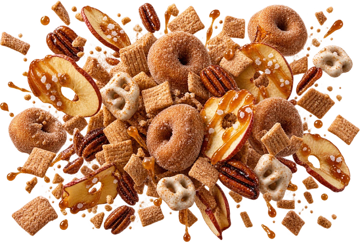 Pumpkin Spice Apologist: Cinna Squares, Cider Donut Bites, Caramel Apple Chips, Maple Bourbon Pecans, PSL Pretzels