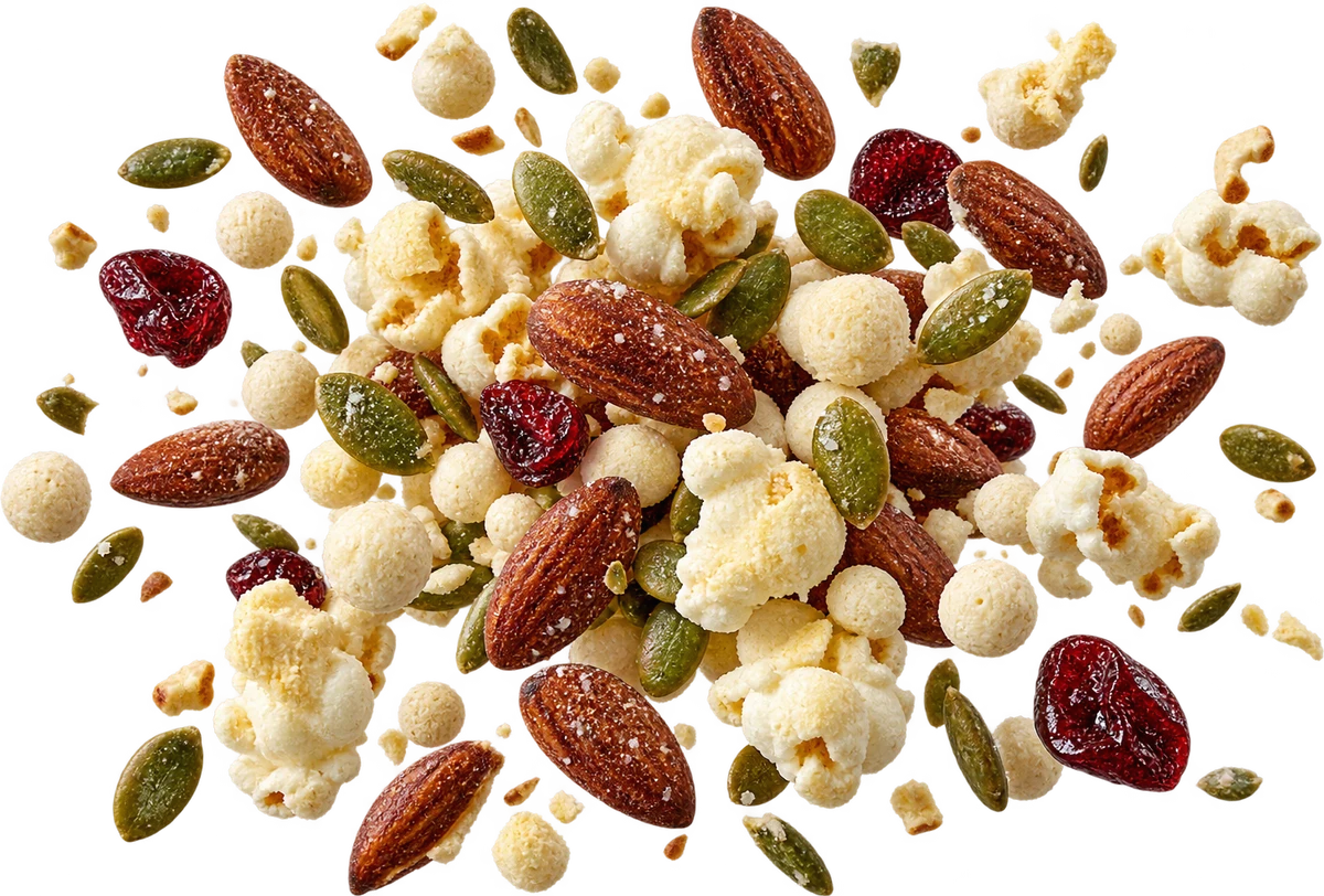 Smoke Show: Hickory Smoked Almonds, Vanilla Protein Puffs, White Cheddar Popcorn, Salted Pepitas, Tart Dried Cherries