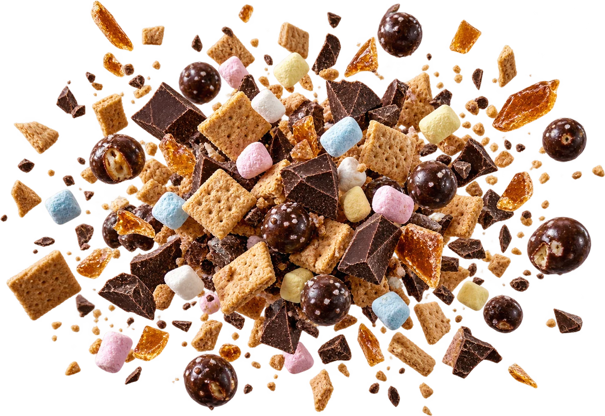 S'mores Core: Honey Graham Bites, Dark Choc Chunks, Mini Marshmallows, Dark Choc Pretzel Balls, Butter Toffee Bits