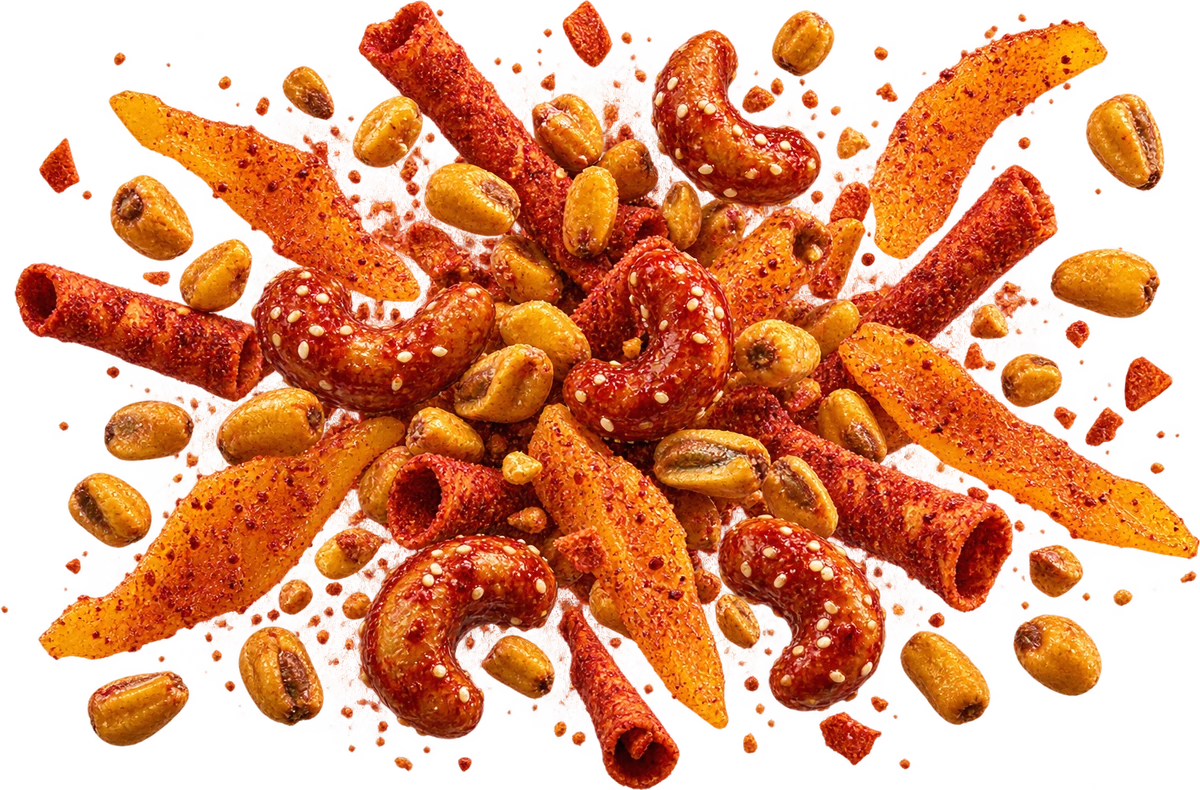 Spicy SZN: Toasted Corn Nuts, Sriracha Cashews, Takis Fuego Crumble, Chili Lime Mango