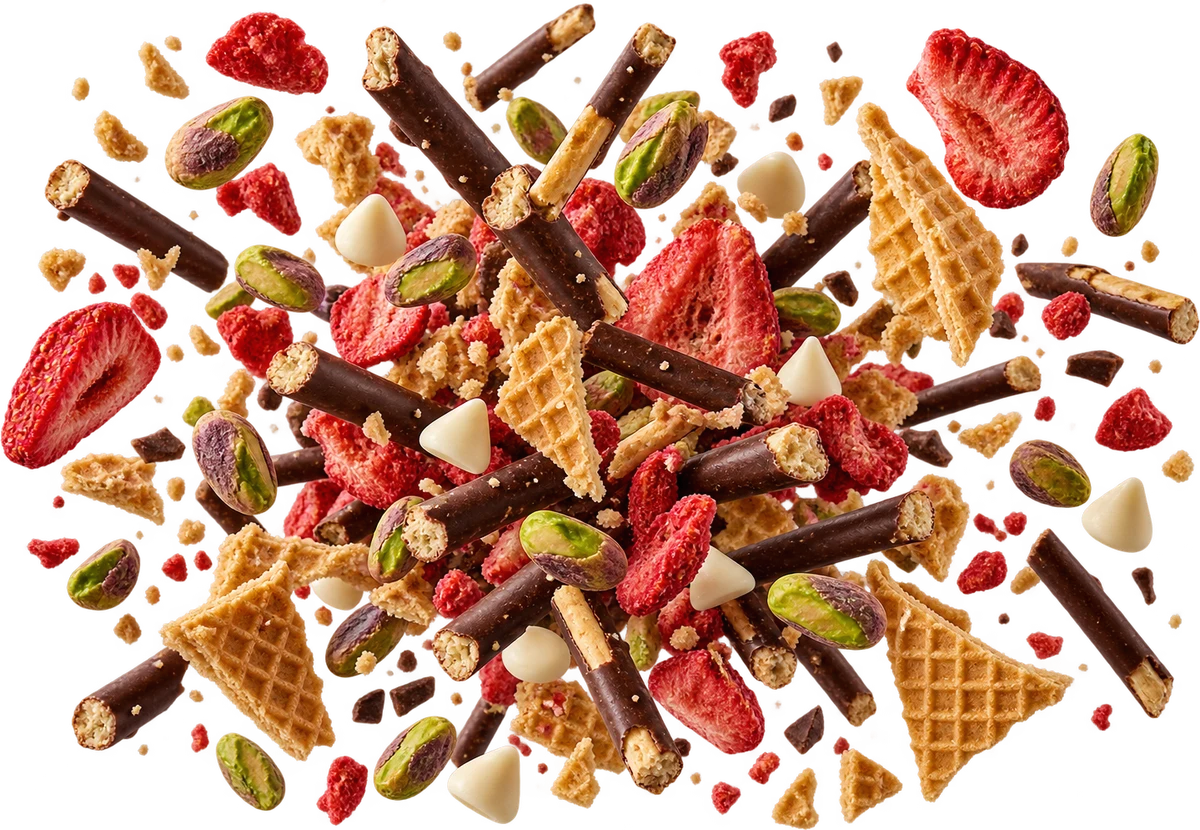 Strawberry Shortcake: Pocky Sticks, FD Strawberries, Waffle Cone Pieces, Shelled Pistachios, White Choc Chips