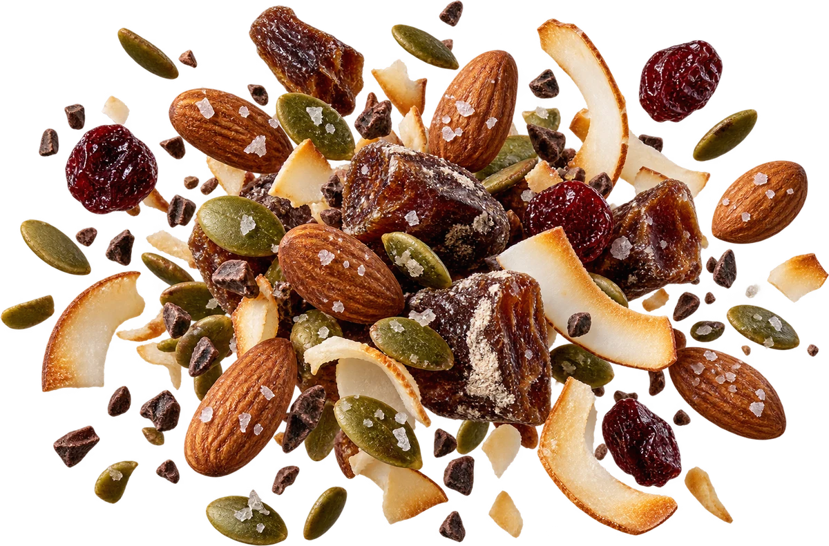 Touch Grass: Sea Salt Almonds, Salted Pepitas, Medjool Date Chunks, Toasted Coconut Chips, Tart Dried Cherries, Raw Cacao Nibs