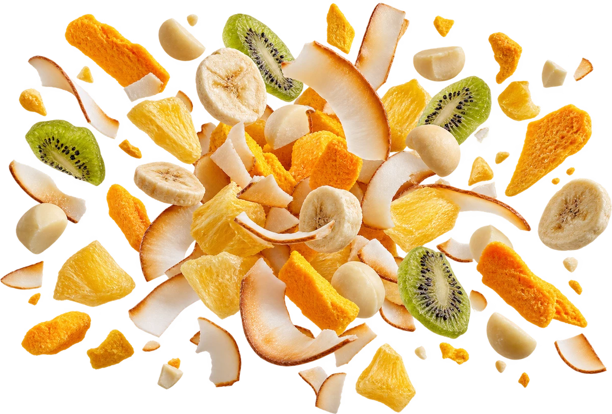 Tropical Freeze: Toasted Coconut Chips, FD Mango, FD Banana, Dried Pineapple Chunks, Macadamia Halves, Dried Kiwi Slices