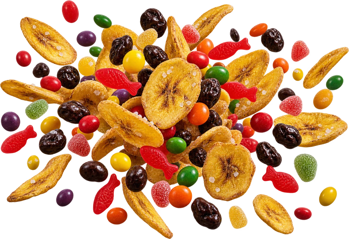 Vegan Candy Shop: Salted Plantain Chips, Skittles, Swedish Fish, Dark Choc Raisins, Sour Patch Kids Minis