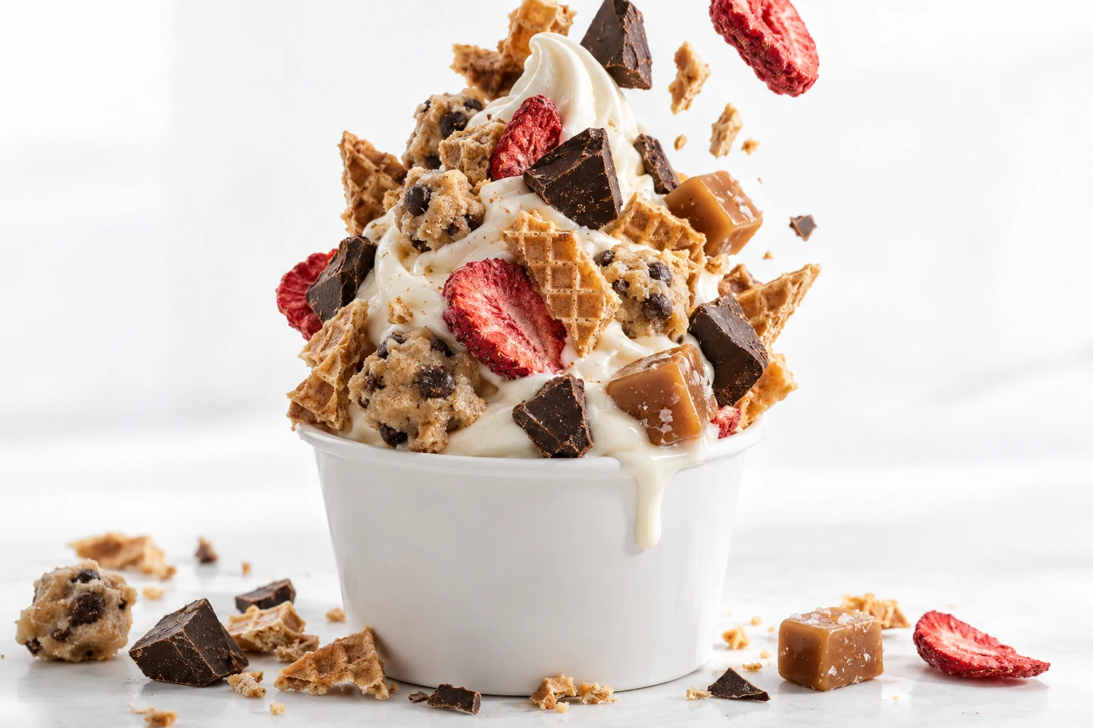 A swirl of vanilla frozen yogurt heaped with waffle cone pieces, cookie dough bites, freeze-dried strawberries, dark chocolate chunks and caramel bits