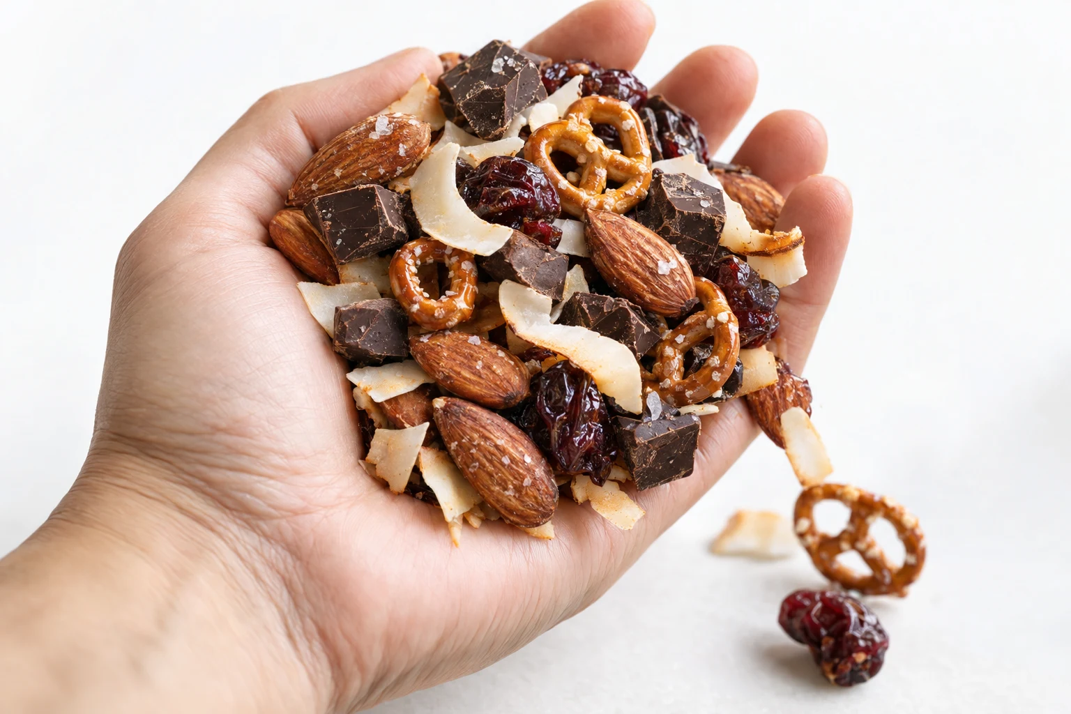 A handful of roasted almonds, dark chocolate chunks, mini pretzels, dried cherries and coconut chips