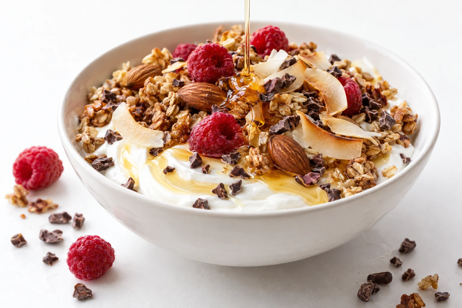 Thick greek yogurt topped with honey oat clusters, freeze-dried raspberries, cacao nibs, toasted coconut and roasted almonds, honey mid-drizzle