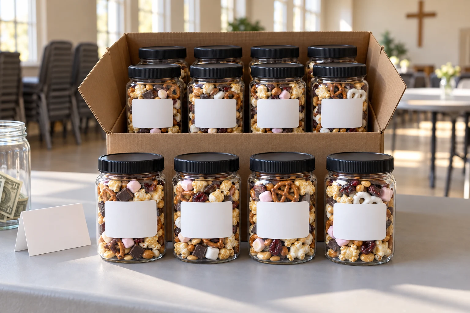 A case of snack jars and a blank sign on a folding table in a church fellowship hall