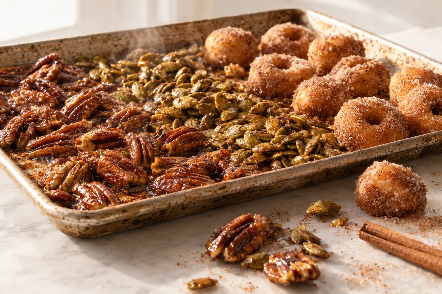 Maple bourbon pecans, chai spiced pepitas and apple cider donut bites cooling on a sheet pan
