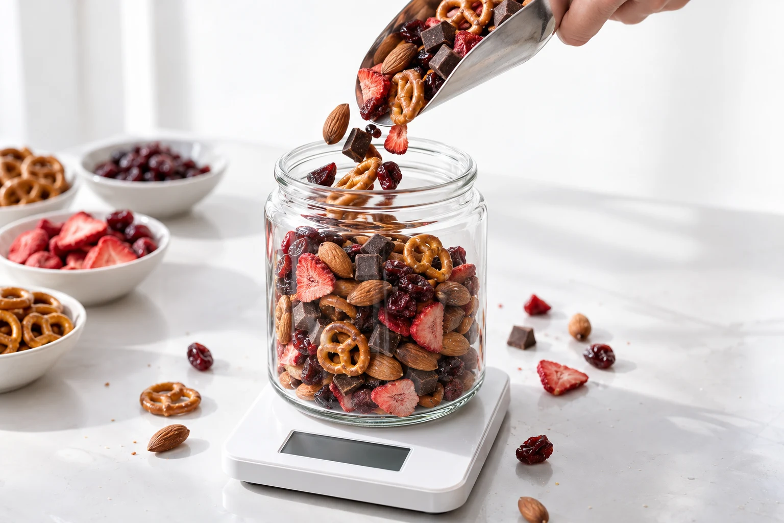 A scoop pouring almonds, dark chocolate, pretzels, dried cherries and freeze-dried strawberries into a jar on a kitchen scale