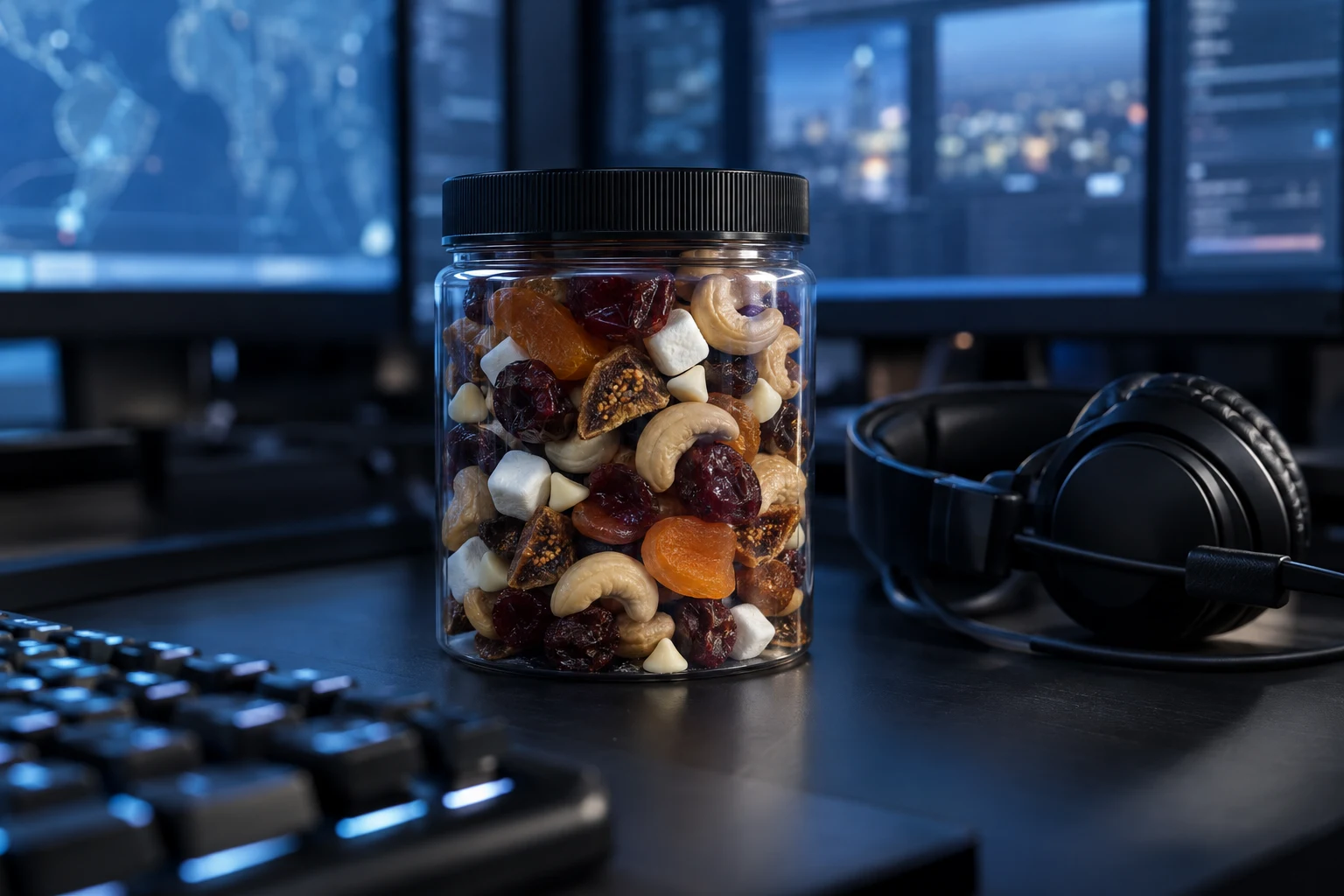 A jar of snack mix beside a headset on a dispatch desk lit by monitors